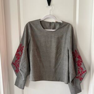 Gray Women's Top with Red Embroidery